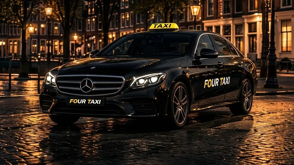 Zwarte Mercedes-taxi van Four Taxi aan een Amsterdamse gracht bij avond