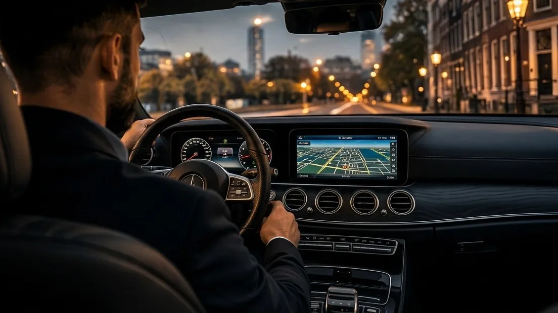 Chauffeur van Four Taxi achter het stuur van de verzorgde Mercedes, onderweg door Amsterdam bij avond
