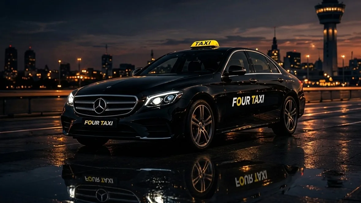 Four Taxi bij avond met de skyline en de verkeerstoren van de luchthaven op de achtergrond