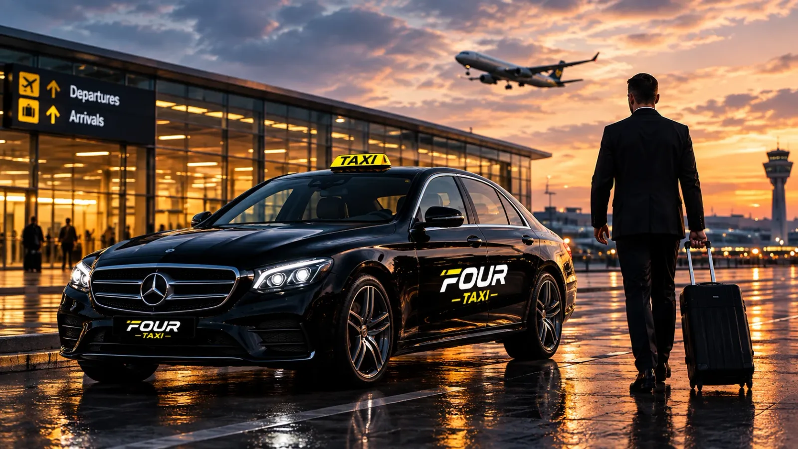 Zwarte Four Taxi staat klaar bij de vertrekhal van de luchthaven terwijl een zakenreiziger met rolkoffer naar de auto loopt