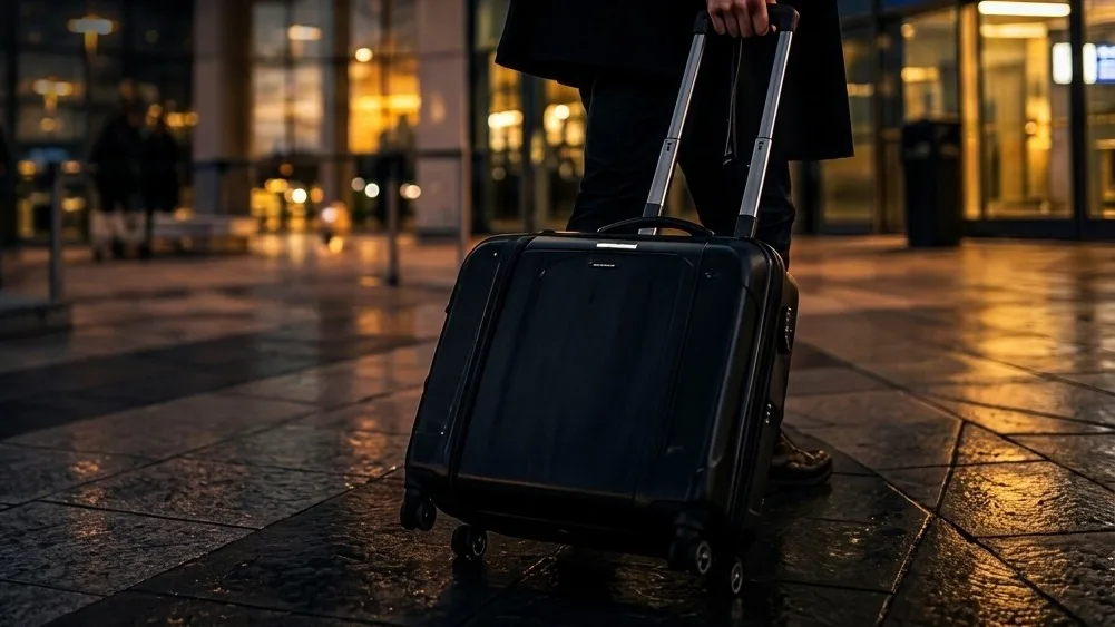 Reiziger met rolkoffer bij de aankomsthal van de luchthaven, klaar voor de taxirit